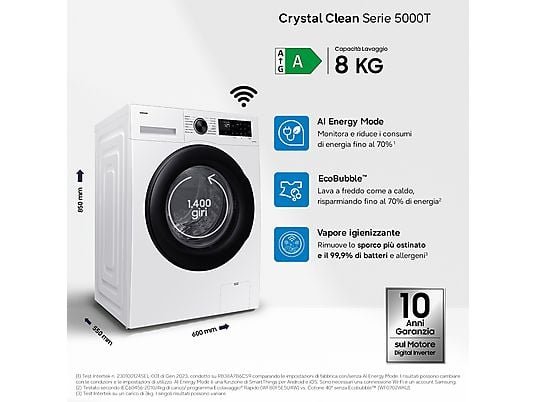 SAMSUNG WW80CGC04DAEET Lavatrice 8 Kg 1400 Giri con Ecobubble, Vapore Igienizzante e Wi-Fi