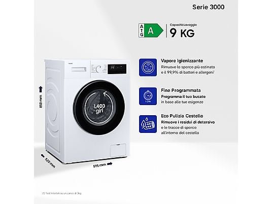 SAMSUNG WW90FG3M05AWET Lavatrice 9 Kg 1400 Giri Classe A Slim 52 cm Vapore Igienizzante