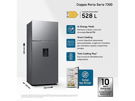 SAMSUNG RT53DG7B14S9EF FRIGORIFERO DOPPIA PORTA, A 185,5 cm, 4 ripiani, Rumorosità 37 dB(A), Metal Inox, Classe E