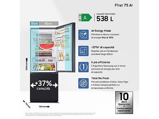 Samsung Frigorifero Combinato F1rst75 RS53DG706AB1EF - 203 cm, 538 L, No Frost, Wi-Fi, Antracite, Classe A