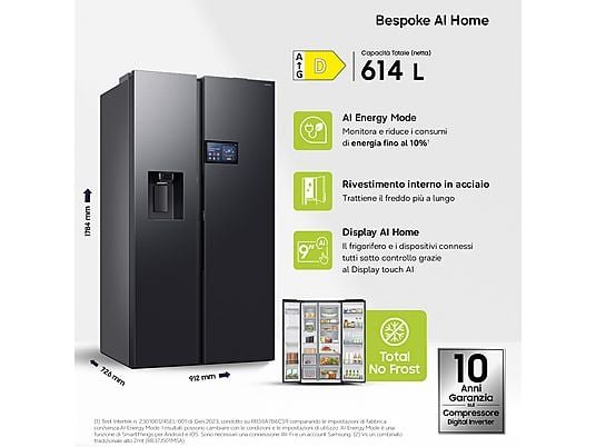 Samsung Frigorifero Americano Side-by-Side RS90F64EDFEF - 621 L, No Frost, Wi-Fi, Metal Inox, Classe E