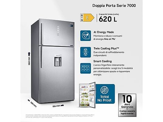 Samsung Frigorifero Doppia Porta Libera Installazione RT62K711RSL/ES - 186 cm, 620 L, No Frost, Inox, Classe E