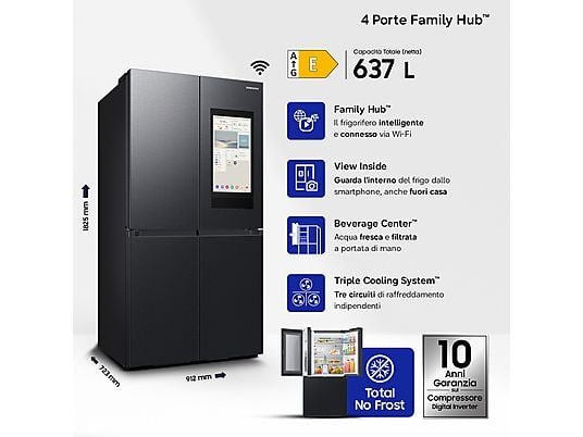 Samsung Frigorifero Americano 4 Porte RF65DG9H0EB1EF - 636 L, No Frost, Wi-Fi, Antracite, Classe E