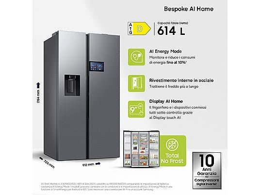 Samsung Frigorifero Americano Side-by-Side RS90F65EDTEF - 621 L, No Frost, Wi-Fi, Metal Inox, Classe E