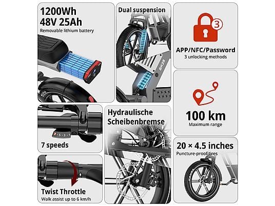 Hitway BK28 All Terrain Fat Bike Elettrica 250W 48V 25Ah Ruote 20" Idraulica Nero
