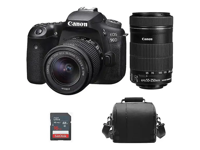 Canon EOS 90D Kit Doppio Zoom 18-55mm + 55-250mm IS STM + Borsa + SD 16GB Nero